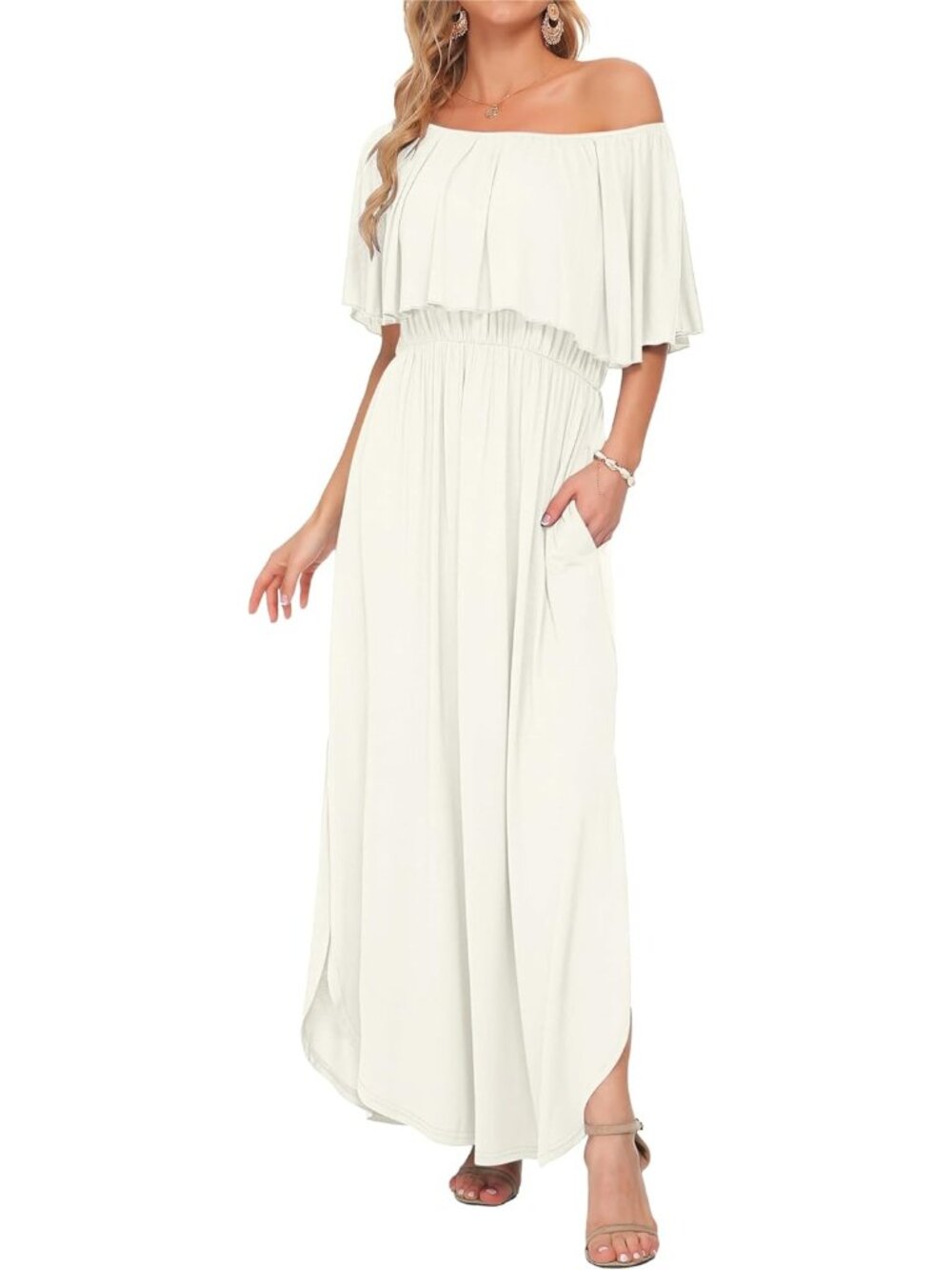 Women's White Summer Dress Off The Shoulder Strapless Maxi Dress Ruffle Pockets